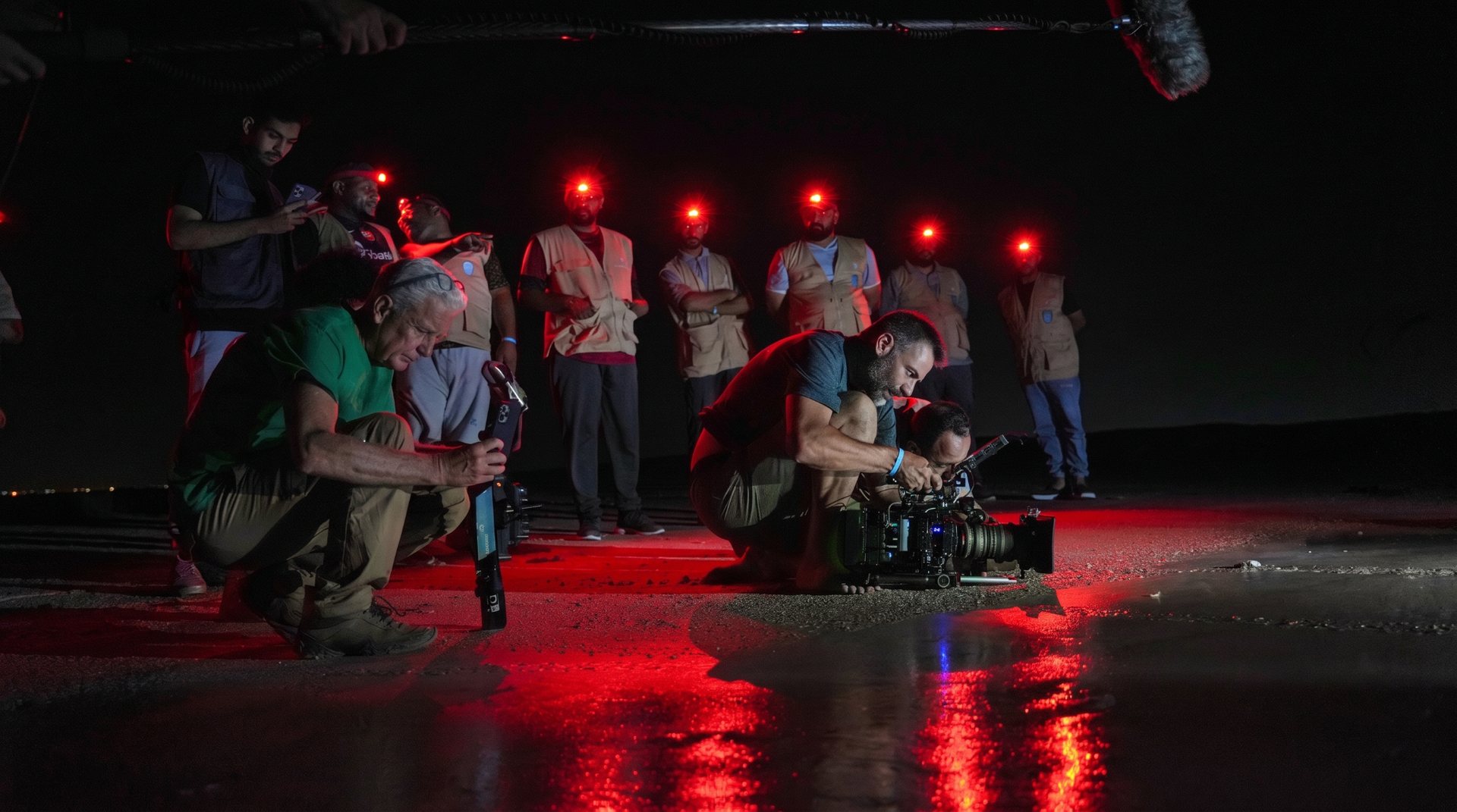 Film crew documenting turtle protection work at night